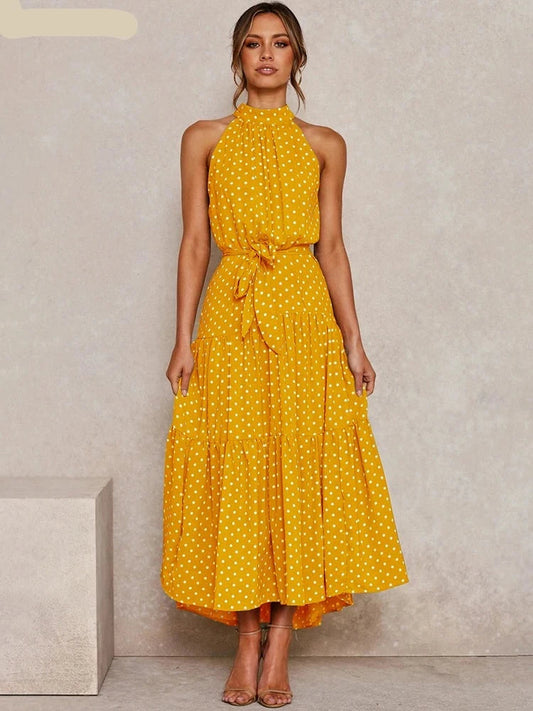 Summer Long Dress Polka Dot Casual Dresses Black Sexy Halter Strapless New Yellow Sundress Vacation Clothes For Women